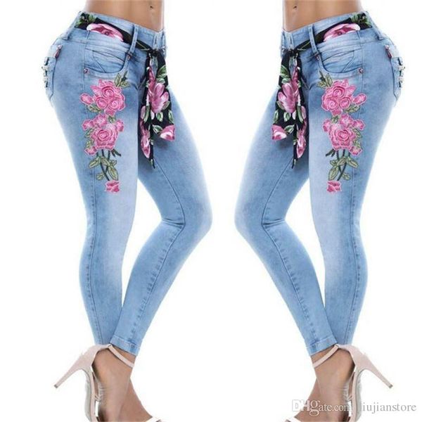 

женщины моды цветочные печатных джинсы дизайнер сыпучие женские брюки с застежкой-молнией женщины повседневная одежда, Blue