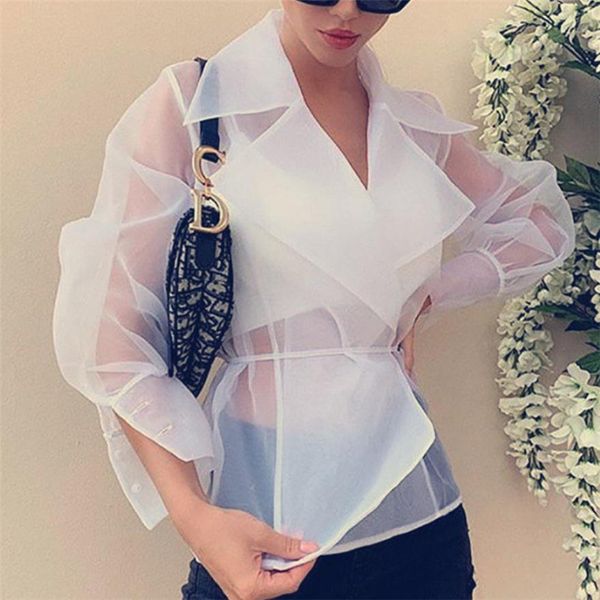 

v-neck women wear new white long sleeves see-through loose blouse fashion female sheer mesh lace-up tunivc autumn hot