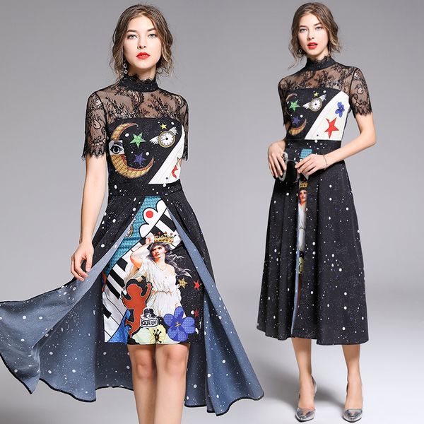 

banulin 2019 fashion runway summer dress women's short sleeve elegant angel print lace patchwork split vintage midi dress, Black;gray