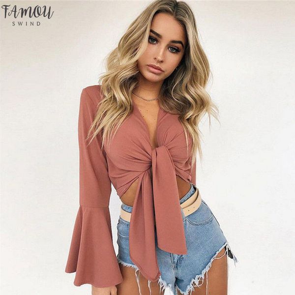

women v neck long flare sleeve t shirt crop solid slim bow tie front short summer beach tee, White