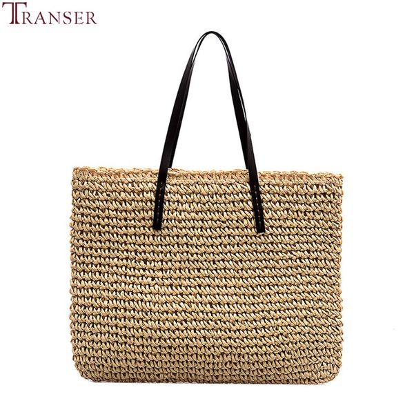 

transer women handbag ladies casual tote bags rattan woven handmade knitted straw large totes leather women shoulder bag new #3
