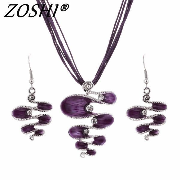 

Fashion Jewelry Sets Purple Multilayer Leather Rope Silver Wave Pendant Necklace Drop Earrings For Women Wedding Bridal Jewelry