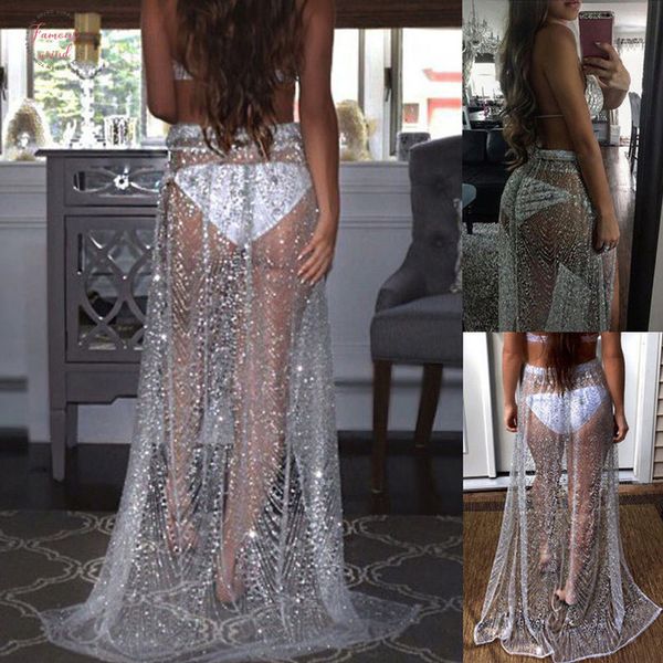 

casual long skirt womens beach cover up bikini swimwear sequins white transparent skirt maxi skirt faldas mujer moda 2019, Black