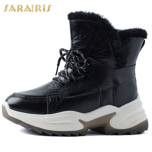 

sarairis new arrivals 2020 genuine cow leather platform ankle boots woman shoes lace up comfortable shoes women boots, Black