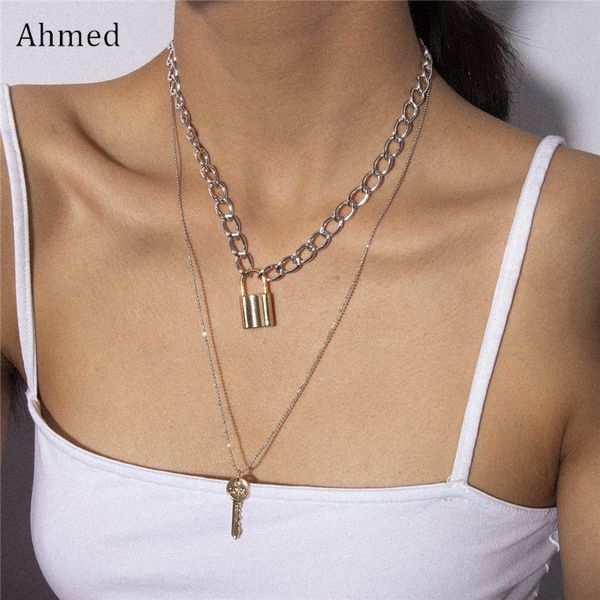 

ahmed 2019 statement necklaces for women fashion golden key lock pendant chain necklace collar bijoux collier femme, Silver