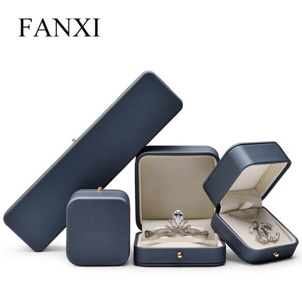 

fanxi bule pu leather jewelry box with metal button of ring pendant bracelet box packaging showcase, Pink;blue