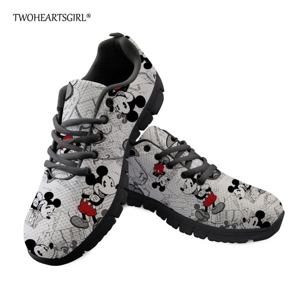 

twoheartsgirl cute leisure women sneakers unique cartoon mouse print flat shoes lace up female ladies mesh shoes zapatos plus 41, Black