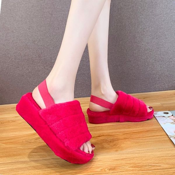 

spring 2020 large foreign trade wool shoes suede muffin bottom casual womens slippers leopard print wool shoes, Black