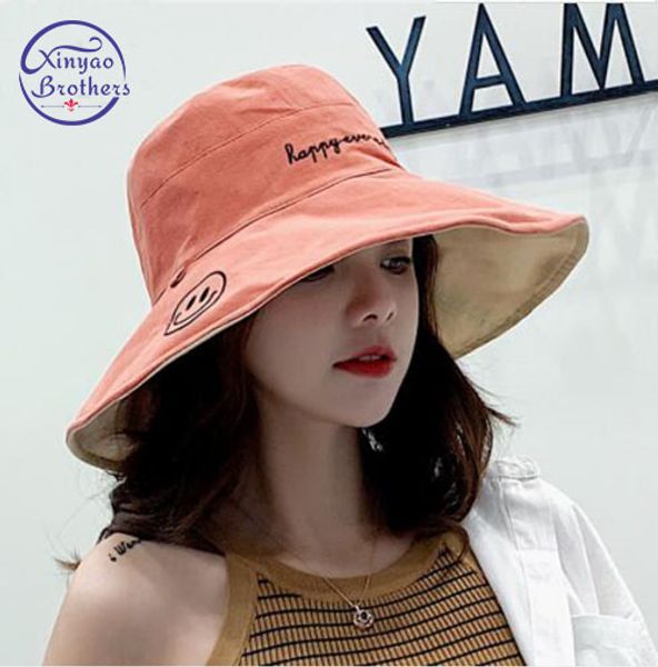 

women's double sided cotton summer sun hats women lady large visor beach hat smile pattern panama cap foldable outdoor sunhat, Blue;gray