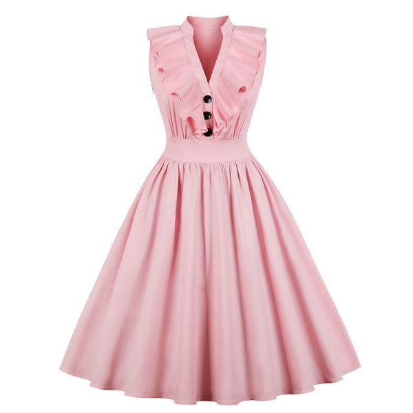 

pink summer dress for women v neck big swing vintage dress elegant retro casual party office midi dresses big size, Black;gray