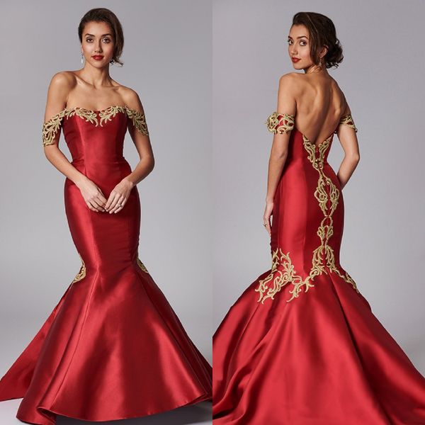 

red mermaid prom dresse off shoulder short sleeve satin applique ruched party dress sweep train robes de soirÃ©e, Black