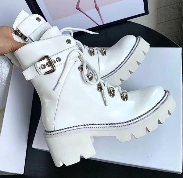 

bonjean leather motorcycle boots round toe lace-up thick heels ankle boots black white riding