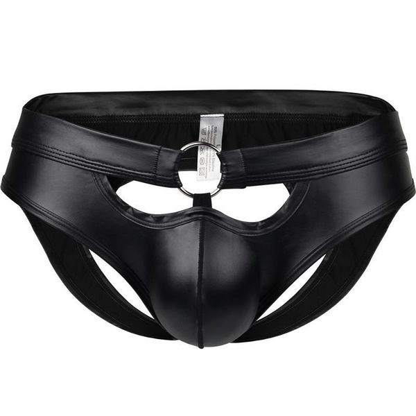 Black faux couro homens cuecas novidade aberta nádega cuecas cool punk anel baixo cintura calcinha exótica clube desempenho underwear