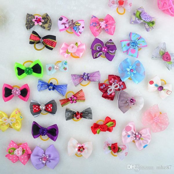 

New Various Style Pet Dog Bows Pet Hair Bows Rubber Bands with Diamond Dog Bow Grooming Supplies Wholesale
