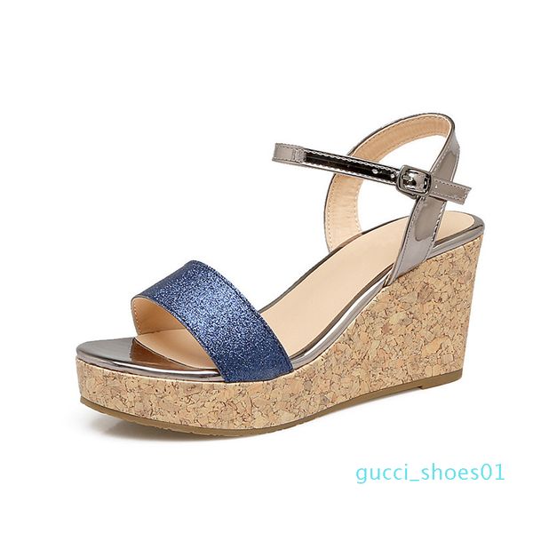 

women summer style mature dress party glitter mixed colors blue gold peep toe platform wedges thick high heels sandals g1, Black
