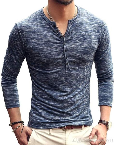 Erkek Bluz Şık Casual Slim Tişörtlü Henley Gömlek Mens Katı Renk Elbise Siyah Haki ortaya çıkarır