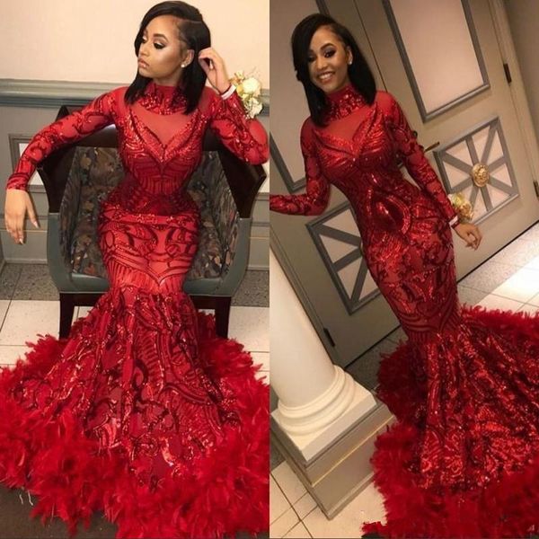 

red mermaid african prom dresses 2021 vintage feather long sleeve floor length sequined high neck formal evening dress party gowns, Black;red