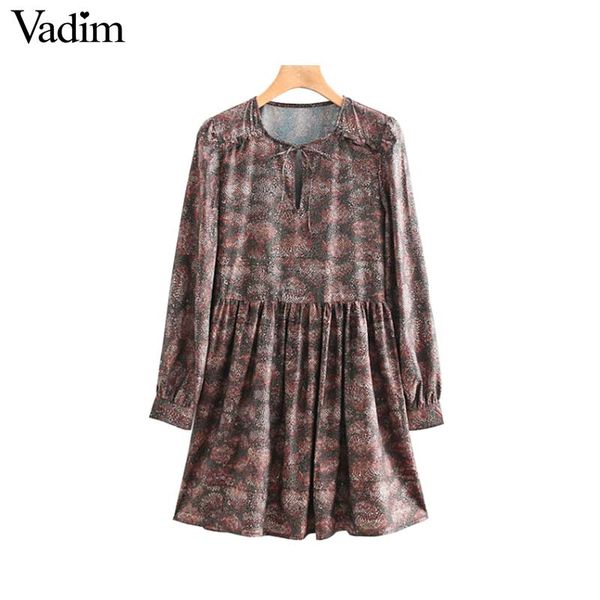 

vadim women snake print pleated dress animal pattern bow tie long sleeve vintage female casual dresses vestidos qa855, Black;gray
