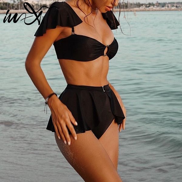

in-x black swimsuit with skirt high waist bikini 2020 ruffle swimsuit female swimwear women off shoulder retro bathing suit, White;black