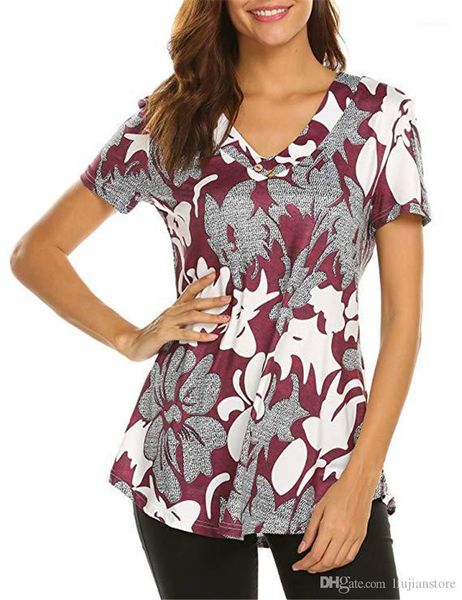 

printed fashion designer v neck tshirt with button womens casual women loose clothes summer female floral, White