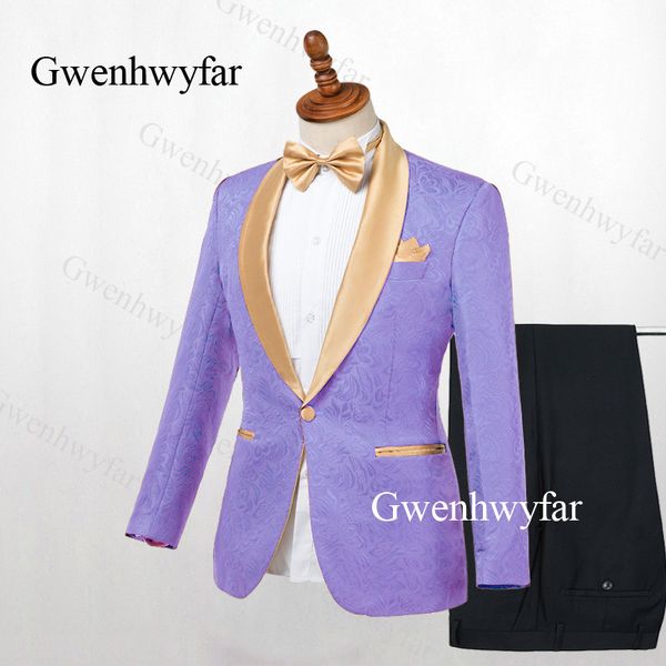 Gwenhwyfar Erkekler jakarlı desen Suit Custom Made Lavendar Slim fit Damat Smokin Damat İş Gelinlik (Ceket + Pantolon)