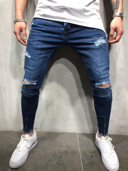 

mens hole designer jeans pants solid color zipper fashion summer style homme clothing hip hop casual apparel, Blue