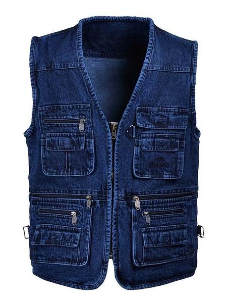 

standard male denim vests men 3xl 4xl 5xl vest mens outdoors cotton multi pocket sleevless jean jacket men jeans masculino breathable, Black;white