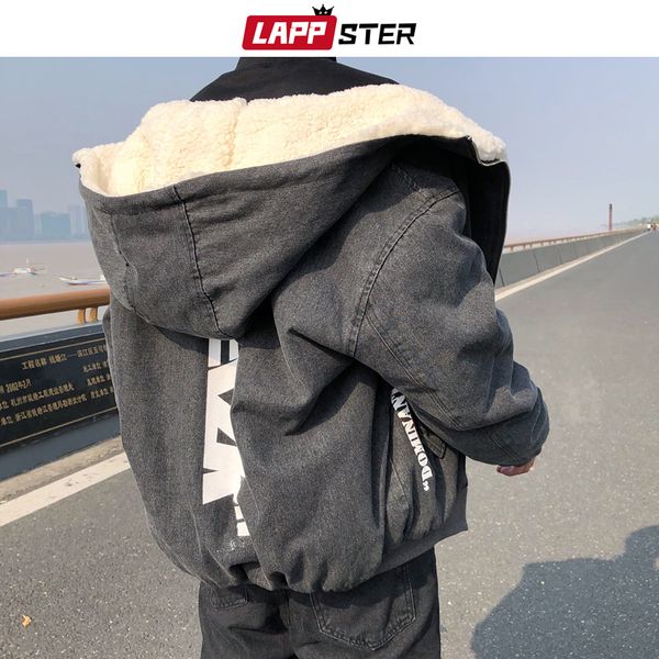 

lappster men thick streetwear wool winter jacket 2019 mens korean hip hop hooded jackets coats harajuku hip hop denim parka, Black