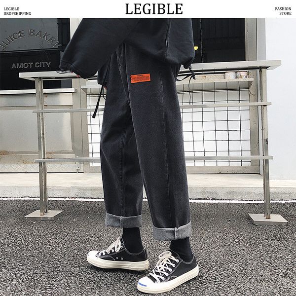 

legible 2019 autumn winter hip hop mens jeans solid denim pants men fashion loose straight jeans pants men, Blue