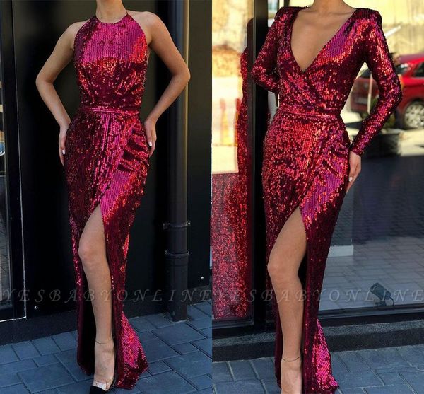 

dark red sequined mermaid prom dresses black girl plus size high side split evening gown long formal party dress