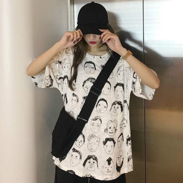 

women t-shirts casual long tee shirts loose short sleeve round neck printed t shirt, White