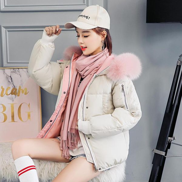 

2018 new style korean-style versitile fashion hooded large fur collar short down jacket cotton-padded clothes down coat, Blue;black