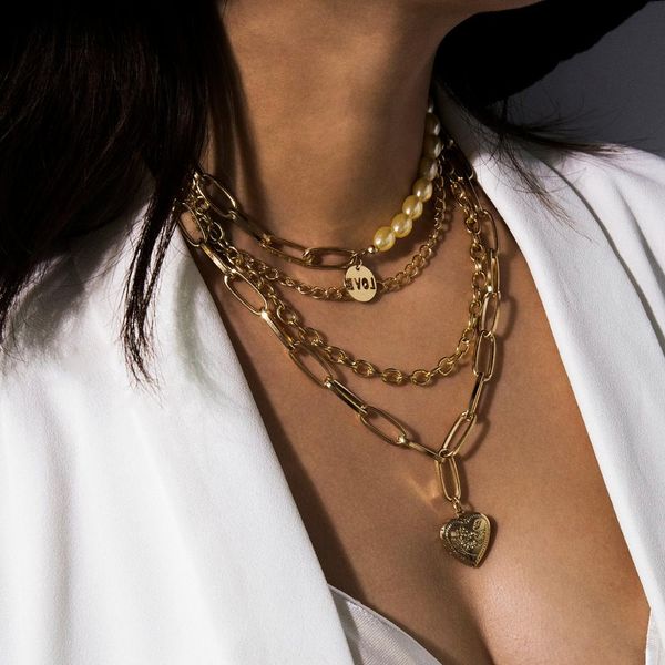 

shixin hip hop love open heart p locket pendant necklace punk layered chain necklaces for women asymmetrical pearl necklaces, Silver