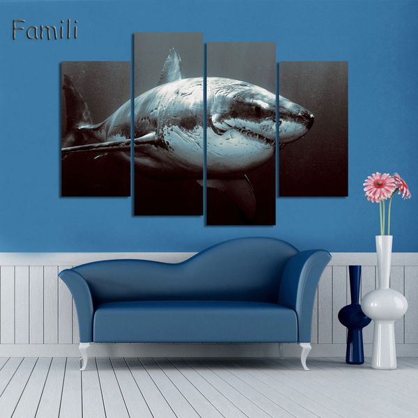 

4Panels Canvas Painting HD Ocean Shark Picture Modern Home Wall Art Decoration Print Painting For House Decorate Unframed