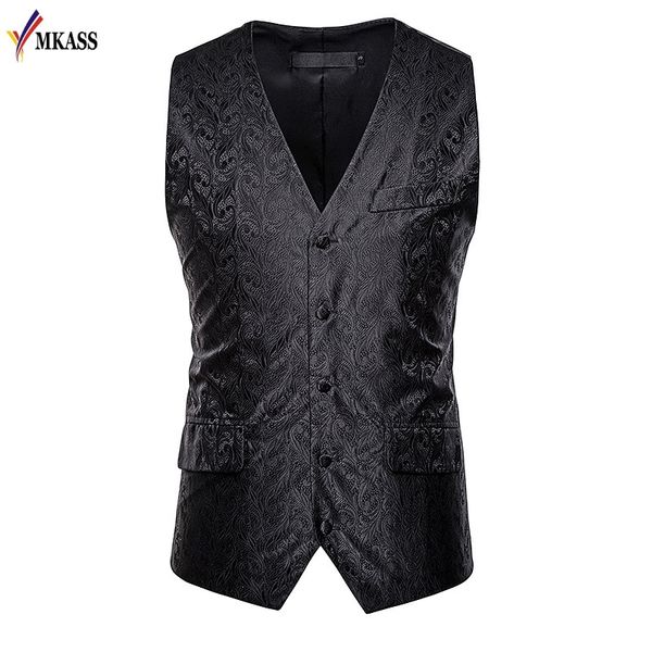 

paisley flower steampunk suit vest men 2019 classic v neck slim fit single breasted flannel waistcoat mens marriage gilet homme, Black;white
