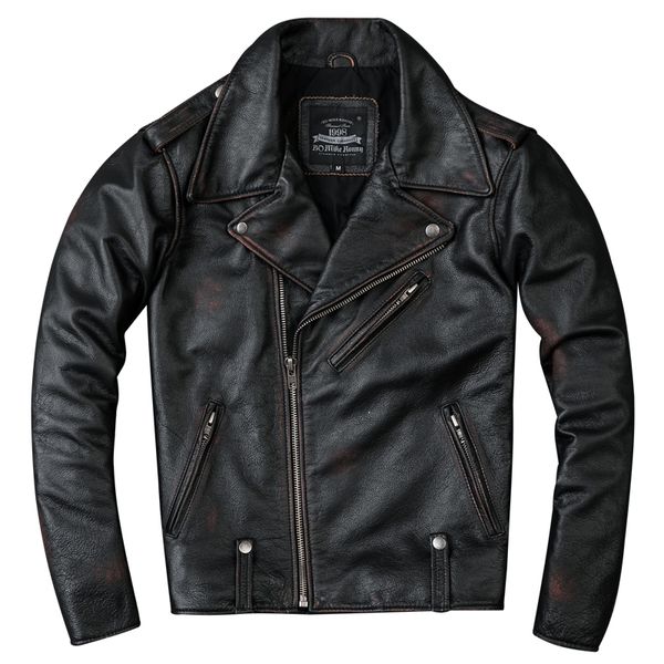 

2021 vintage brown motorcycle style genuine leather jacket men plus size 4xl real natural cowhide autumn slim fit biker's coat drop sho, Black