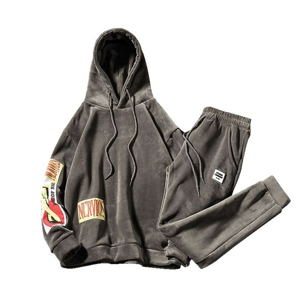 

velvet hoodies hooded two piece set men tracksuit sweatsuit jogging hoodie tracksuits chandal hombre clothes men track suit na91, Gray