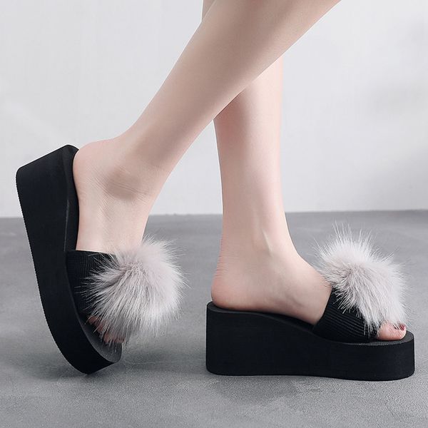 

women's high heel wedges slippers 2020 summer beach party fluffy hairball casual shoes outdoor indoor non-slip platforms slipper, Black