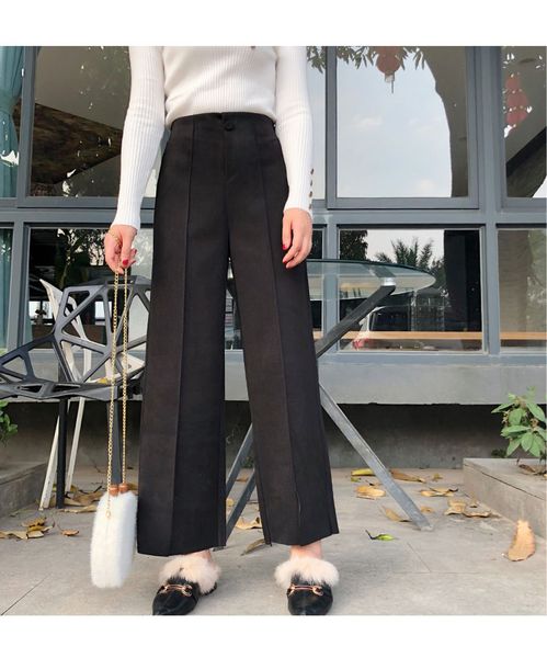 

black tall waist cloth wide-legged pants female leisure straight, Blue