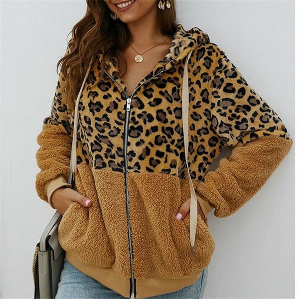 

fashion women leopard hoodies autumn winter outwear long sleeve hooded warm jacket casual zipper coats streetwear s-xl, Black