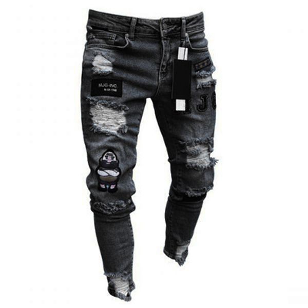 

2019 men for jeans ripped skinny slim straight frayed denim trousers new fashion sticker skinny biker jeans plus size, Blue