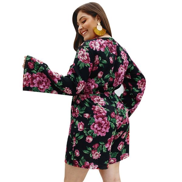 

whzhm 4xl lace up flower bodysuit female rompers women playsuits full sleeve floral printed plus size 3xl 4xl loose bodysuits, Black;white