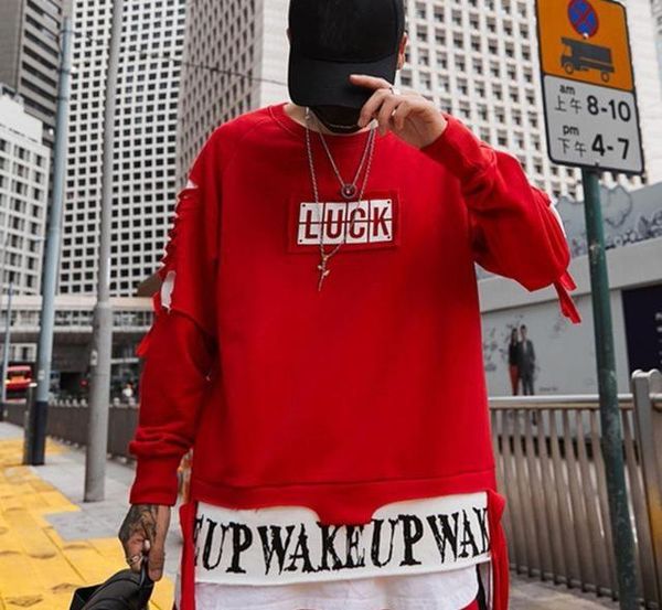 

men autumn loose luck hoodies sweatshirts men hip hop streetwear patchwork printed holes hooded pullover, Black