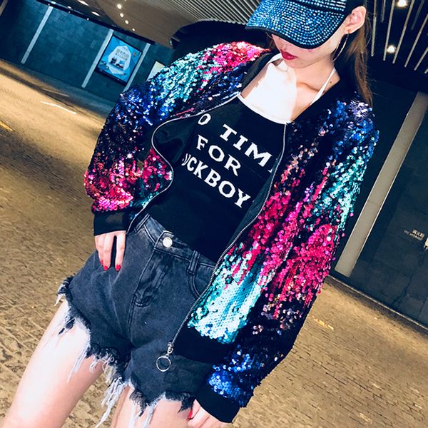 

7mang 2019 spring women streetwear harajuku jackets gradient sequin jacket loose party coat long sleeve hiphop outerwear 1225, Black;brown