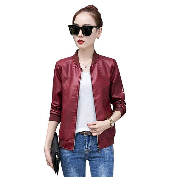 

2019 autumn new pu leather motorcycle jacket female short coat loose korean large size high waist fashion soft jacket women y320, Black