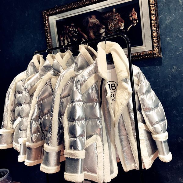 

winter women silver jacket 2019 lambswool fur one down jackets fashion glossy stand collar cotton coat women outerwear warm h625, Tan;black