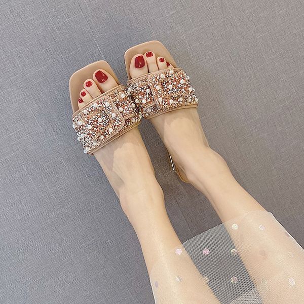 

pearl bow slippers women metal heel sandals black pink shiny sequins open toe slides women summer slippers party shoes 2020