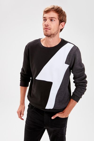 

trendyol anthracite men bicycle lapel paneled long-sleeve sweatshirt tmnaw20sw0093, Black