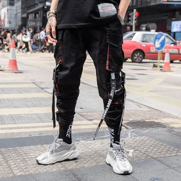 

letter ribbons hip hop joggers cargo pants for men block hit color pocket track pants male casual trousers sweatpants streetwear, Black