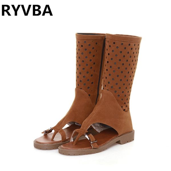 

ryvba woman summer mid calf boots for girls women cut outs boots flat shoes ladies black brown sandals 2019 sandalias mujer